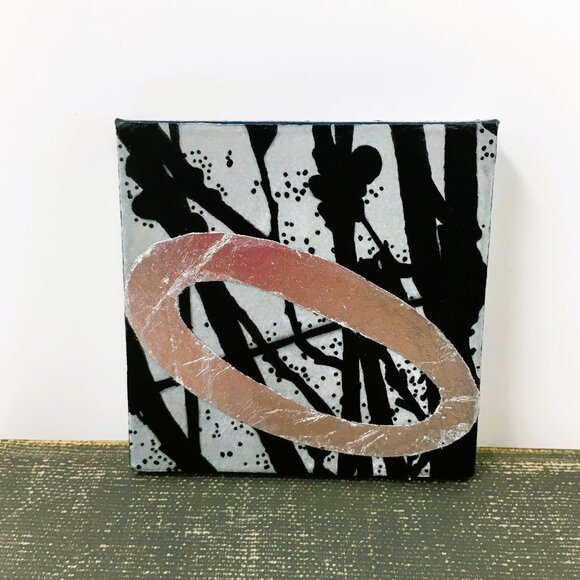 Miniature Square Gray Black Silver Leaf Branches Ink Drawing on Canvas Wall Art - Picture 5 of 16